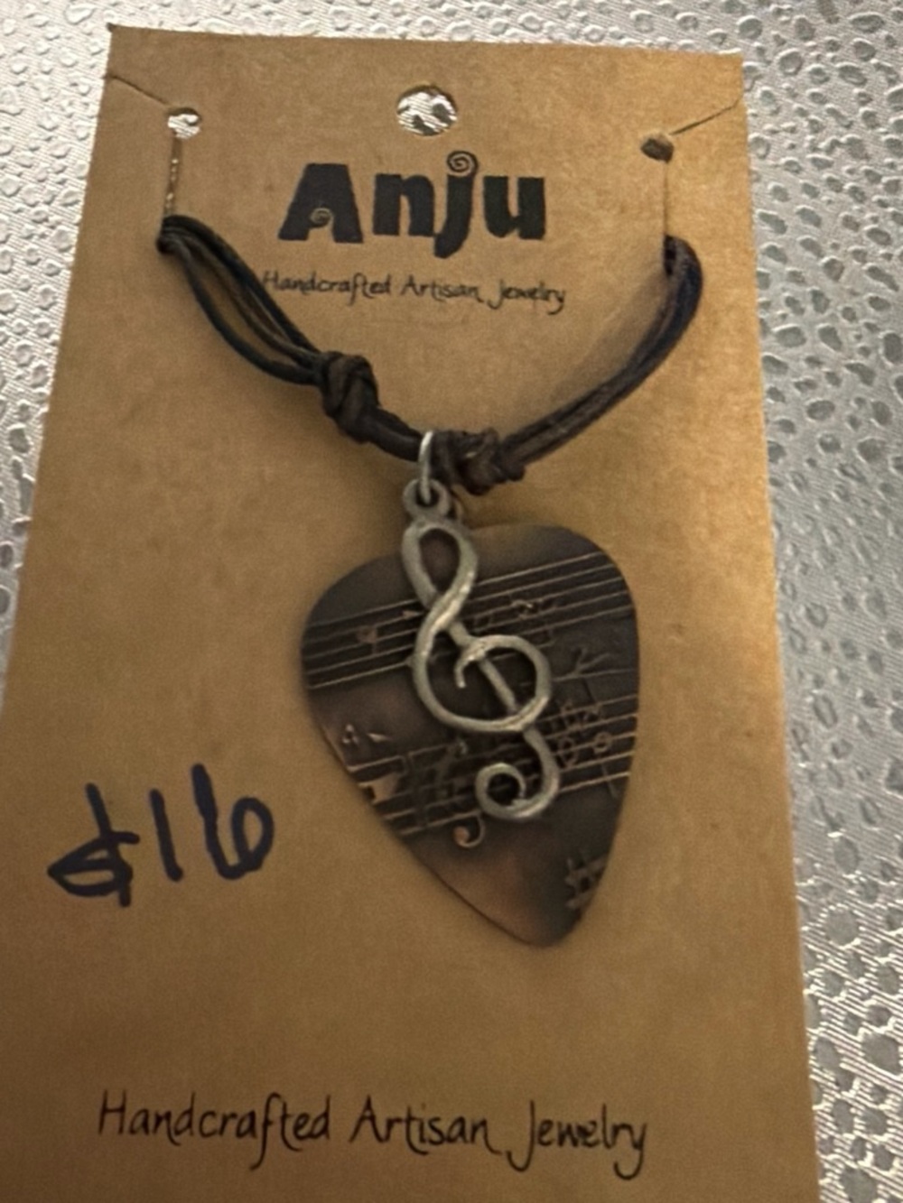 Brown Leather Cord Heart Pendant Necklace with Treble Clef
